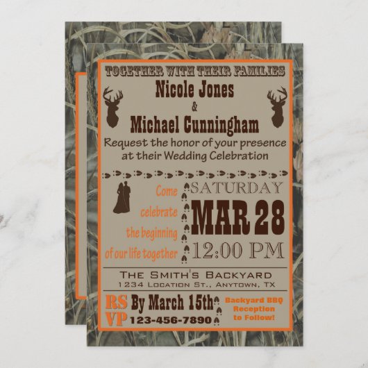 Camo en Hunting Burnt Oranje Wedding Invitation Kaart (Voorkant / Achterkant)