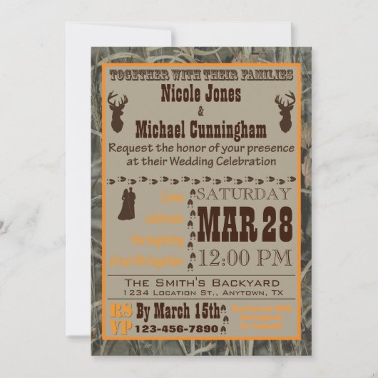 Camo en Hunting Oranje Wedding Invitation Kaart (Voorkant)
