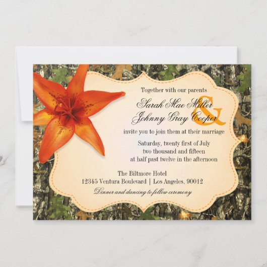 Camo en Sinaasappel Lily Wedding Invitation Kaart (Voorkant)