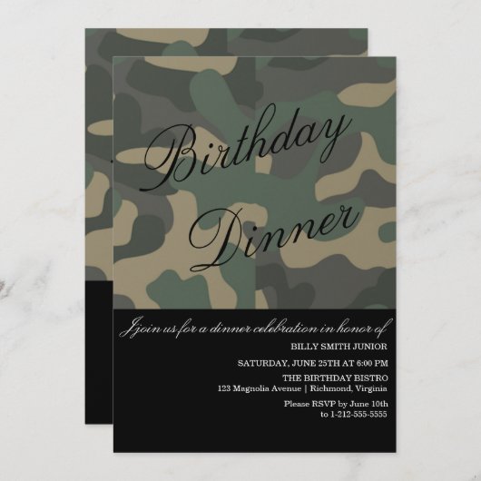 Camo Event Uitnodiging, Diner, Feest, Nieuwe Baby Kaart (Voorkant / Achterkant)