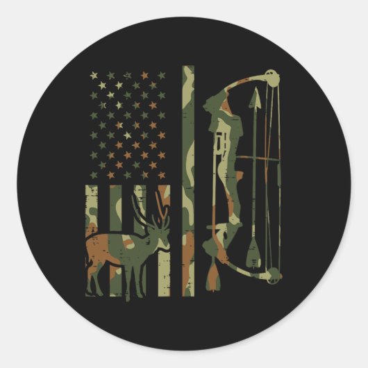 Camo Flag Deer Bow Hunting Patriotic Hunter Pap Ronde Sticker (Voorkant)