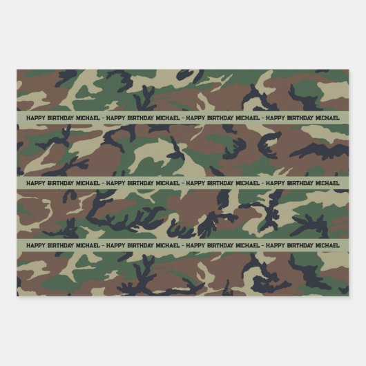 Camo Happy Birthday Persoonlijke naam en tekst 3 Inpakpapier Vel (Voorkant)