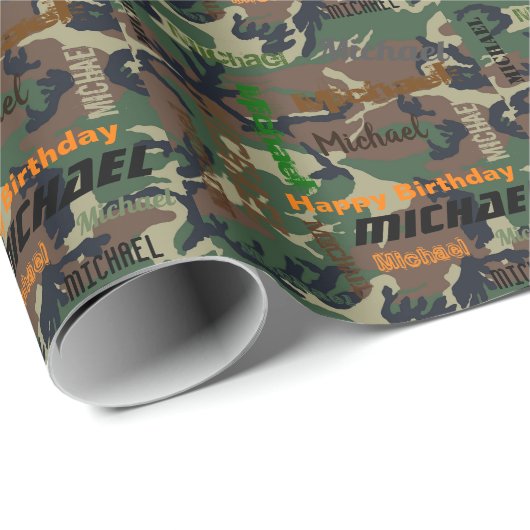 Camo Herhalende NAAM Gelukkig Verjaardagscadeau Cadeaupapier (Rol Hoek)