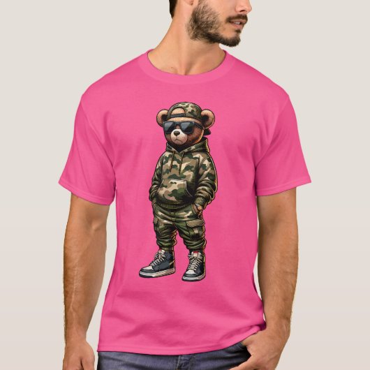 Camo Hip Hop Teddy Bear Cool Rapper Streetwear Gra T-shirt (Voorkant)