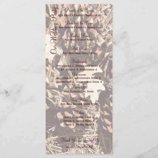 Camo Hunting Theme Country Wedding Programs Programmakaart (Achterkant)