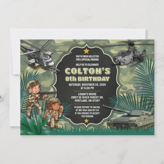 Camo Invitation, Kinder Legerspel Verjaardagsfeest Kaart (Voorkant)