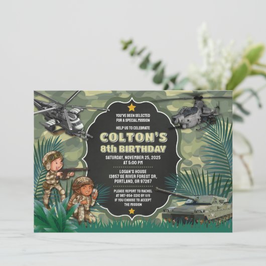 Camo Invitation, Kinder Legerspel Verjaardagsfeest Kaart (Staand voorkant)