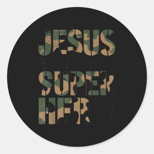 Camo Jesus Is My Superhero Toddler Boys Camouflage Ronde Sticker (Voorkant)