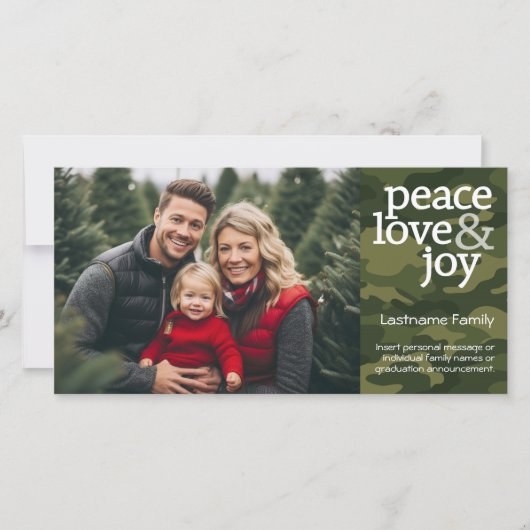 Camo kerstfotokaart - Peace Love Joy Feestdagenkaart (Voorkant)