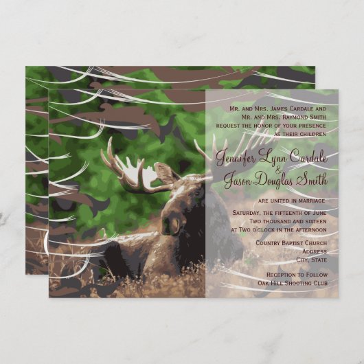 Camo Moose Hunting Theme Wedding Invitations Kaart (Voorkant / Achterkant)