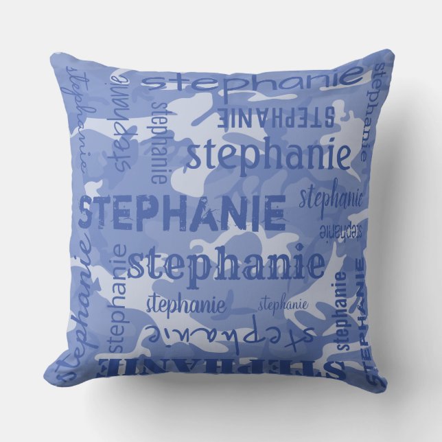 Camo Persoonlijke Langere Naam Blauw Kussen (Voorkant)