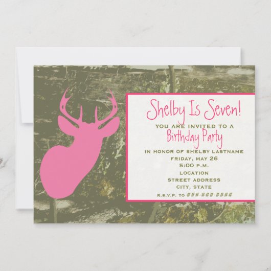 Camo & Pink Deer Head Birthday Party nodigt uit Kaart (Voorkant)