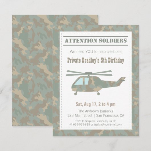 Camo Print Helicopter Army Boys Birthday Party Kaart (Voorkant / Achterkant)