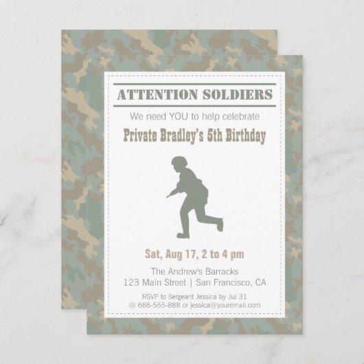 Camo Print Soldier Silhouette Army Birthday Party Kaart (Voorkant / Achterkant)