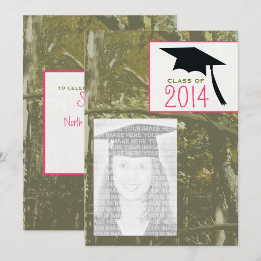 Camo & Roze Klasse van 2014 Foto Afstuderen Invite Kaart (Voorkant / Achterkant)