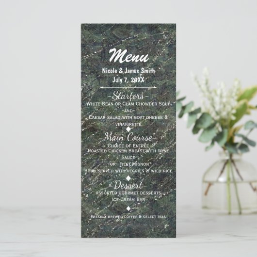 Camo Sparkle Glam Party menu Groen en Zilver Leger (Staand voorkant)