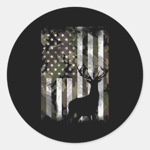 Camo US Flag Deer Elk Buck Camoflage Hunte Ronde Sticker