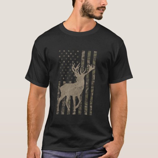 Camo US Flag Deer Elk Buck Camoflage Hunte T-shirt (Voorkant)