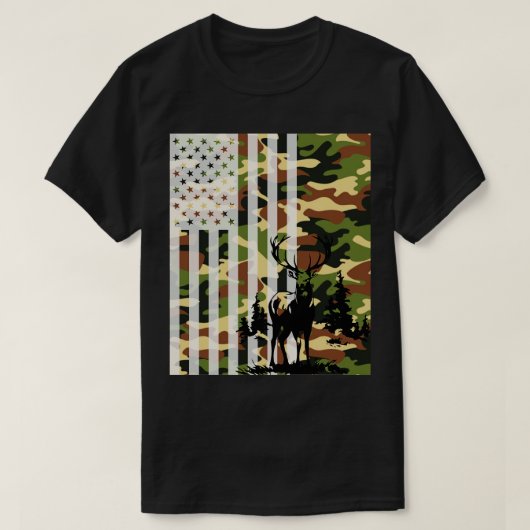 Camo US Flag Deer Elk Buck Camoflage Hunte T-shirt (Design voorkant)