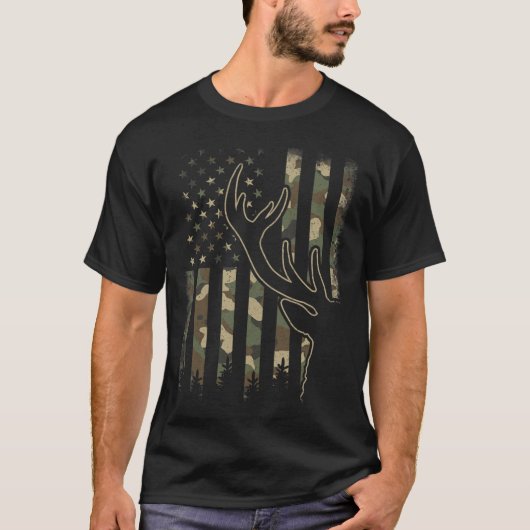 Camo US Flag Elk Buck Camouflage Herten Jacht T-shirt (Voorkant)