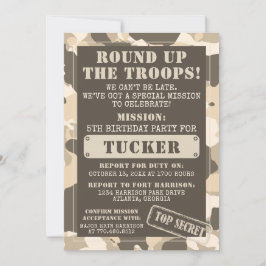 Camo verjaardagsfeest uitnodiging, leger, missie kaart