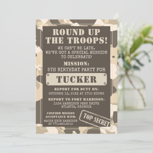 Camo verjaardagsfeest uitnodiging, leger, missie kaart (Staand voorkant)