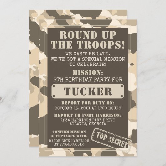 Camo verjaardagsfeest uitnodiging, leger, missie kaart (Voorkant / Achterkant)