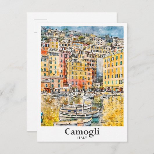 Camogli Italië Reizen Waterverf Hand getekend Briefkaart (Voorkant / Achterkant)