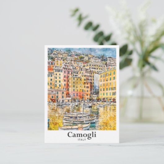 Camogli Italië Reizen Waterverf Hand getekend Briefkaart (Staand voorkant)