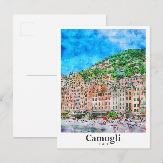 Camogli Italië Reizen Waterverf Hand getekend Briefkaart (Voorkant / Achterkant)