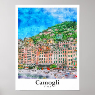 Camogli Italië Reizen Waterverf Hand getekend Poster