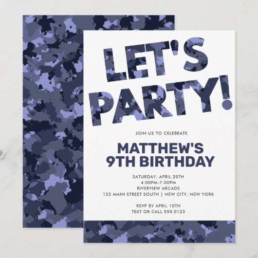 Camouflage Birthday, Laten we feest Blauwe Camo Kaart (Voorkant / Achterkant)