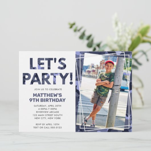 Camouflage Birthday, Laten we partijblauw Camo Fot Kaart (Staand voorkant)