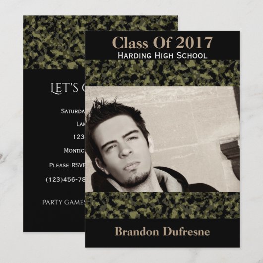 Camouflage & Black Graduation Party Invitation Kaart (Voorkant / Achterkant)