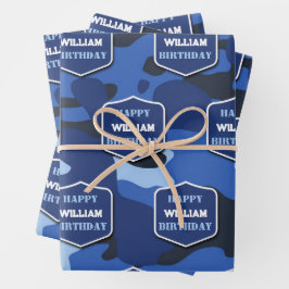 Camouflage Blauw Camo Leger Monogram Verjaardagsna Inpakpapier Vel