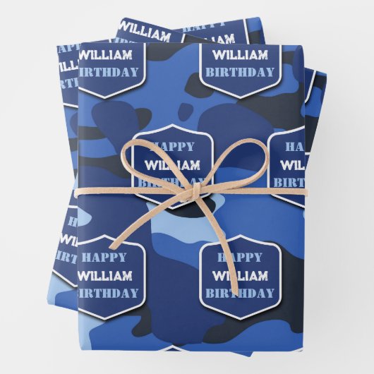Camouflage Blauw Camo Leger Monogram Verjaardagsna Inpakpapier Vel (In situ)