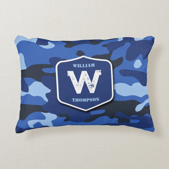 Camouflage Blauw Camo Legerpatroon Monogram Accent Kussen (Voorkant)