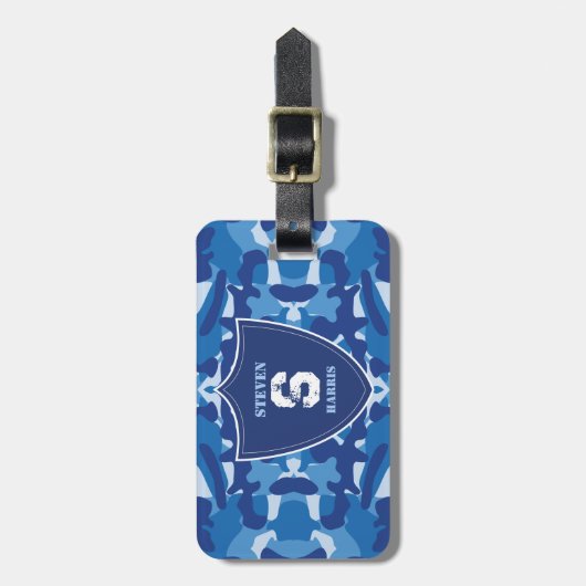 Camouflage Blauw Camo Legerpatroon Monogram Bagagelabel (Voorkant verticaal)