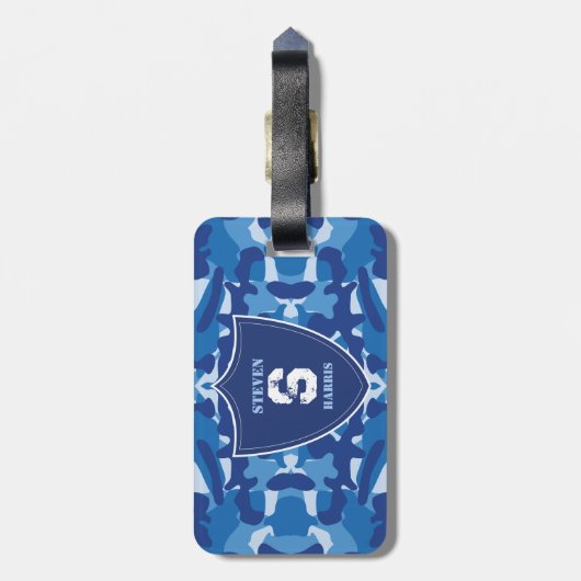 Camouflage Blauw Camo Legerpatroon Monogram Bagagelabel (Achterkant verticaal)