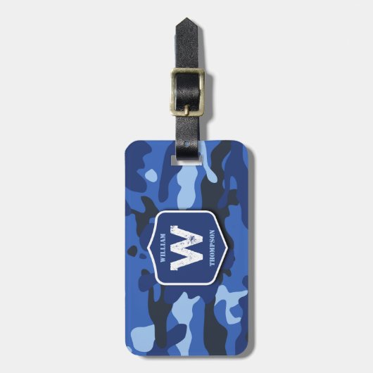 Camouflage Blauw Camo Legerpatroon Monogram Bagagelabel (Voorkant verticaal)
