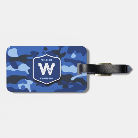 Camouflage Blauw Camo Legerpatroon Monogram Bagagelabel (Achterkant horizontaal)