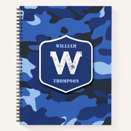 Camouflage Blauw Camo Legerpatroon Monogram Notitieboek (Voorkant)