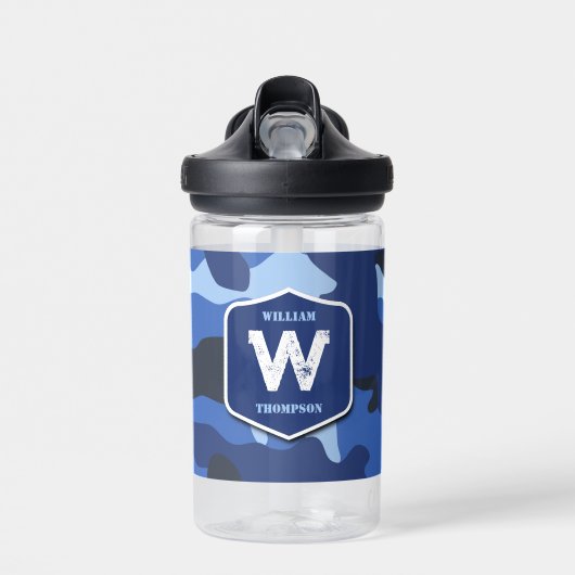 Camouflage Blauw Camo Legerpatroon Monogram School Waterfles (Voorkant)