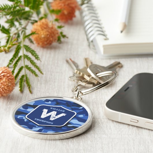 Camouflage Blauw Camo Legerpatroon Monogram Sleutelhanger (Zijkant)