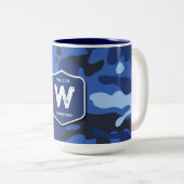 Camouflage Blauw Camo Legerpatroon Monogram Tweekleurige Koffiemok (Voorkant rechts)