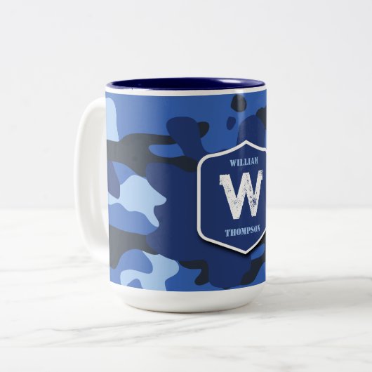 Camouflage Blauw Camo Legerpatroon Monogram Tweekleurige Koffiemok (Voorkant links)
