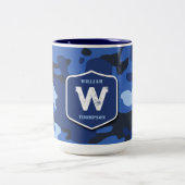 Camouflage Blauw Camo Legerpatroon Monogram Tweekleurige Koffiemok (Center)