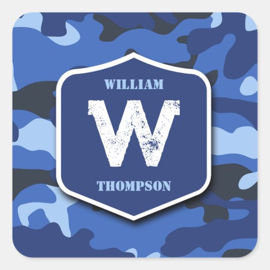Camouflage Blauw Camo Legerpatroon Monogram Vierkante Sticker (Voorkant)