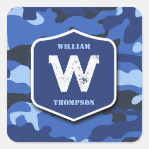 Camouflage Blauw Camo Legerpatroon Monogram Vierkante Sticker