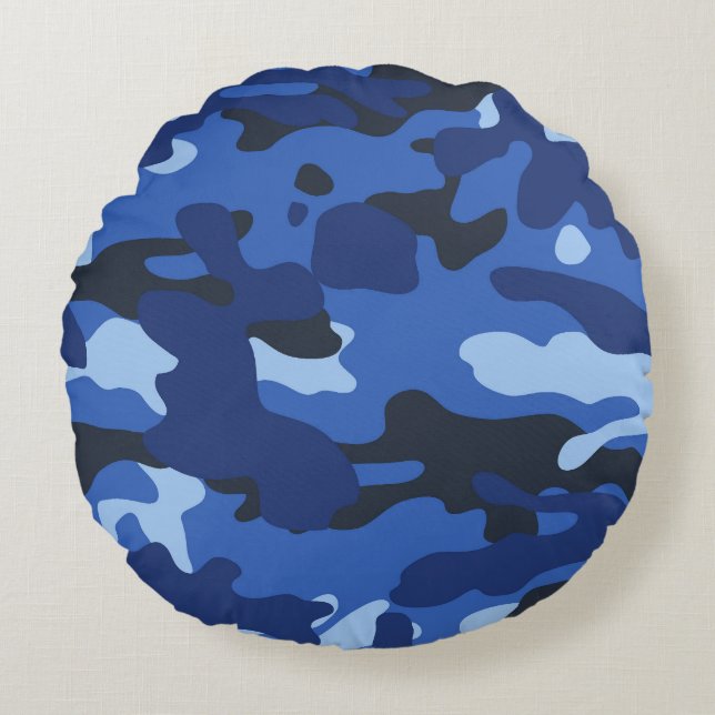 Camouflage Blauw Camo Legerpatroon Rond Kussen (Voorkant)